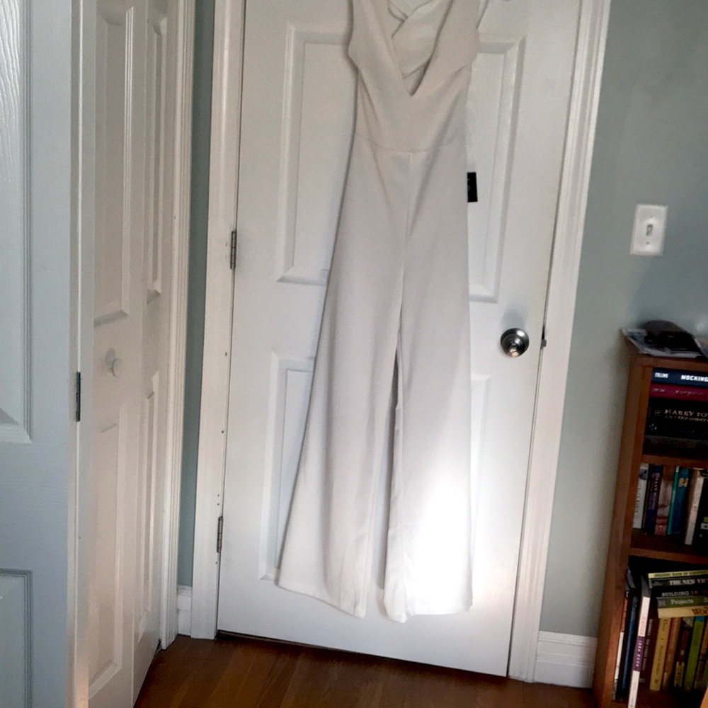 Cross back white crepe jumpsuit